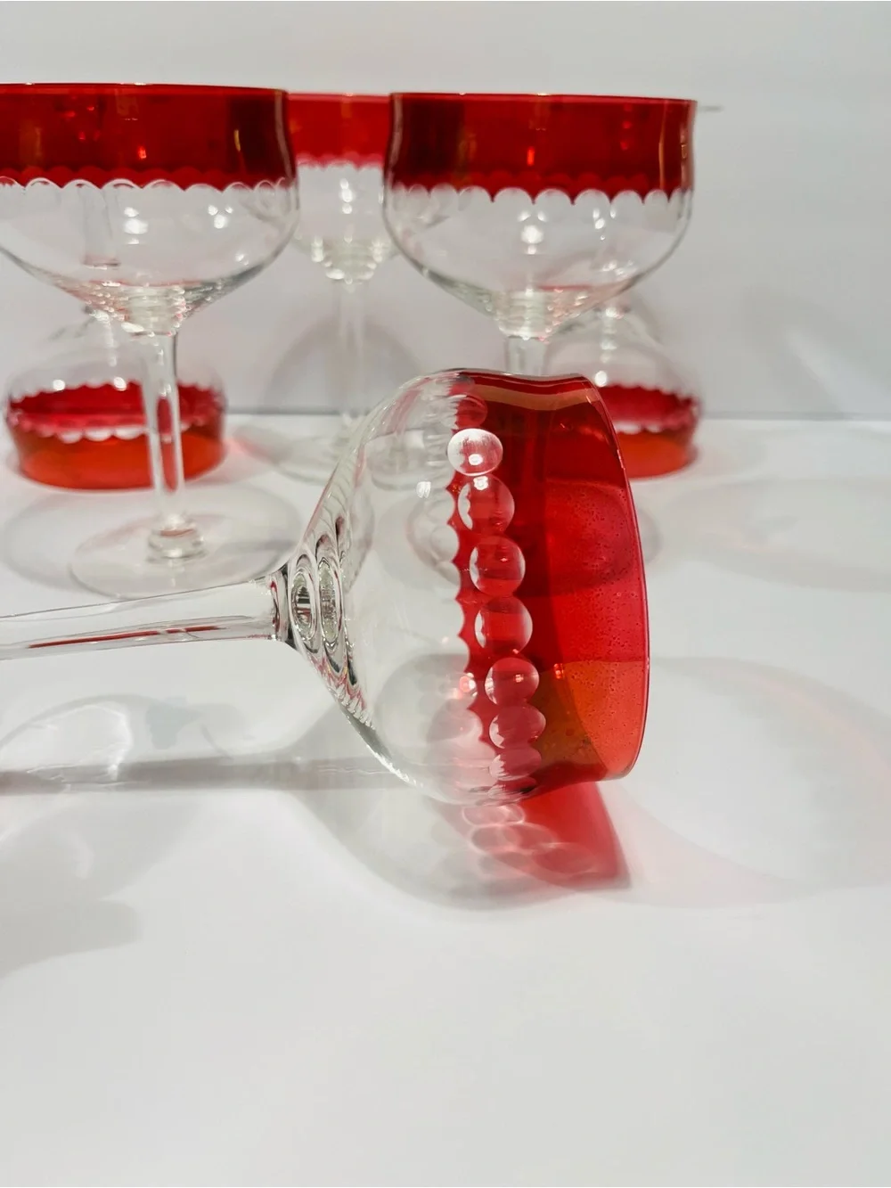 Vtg MCM Czech Thin Crystal  Cranberry & Cut Dots Set of 6 Coupe or Wine Glasses